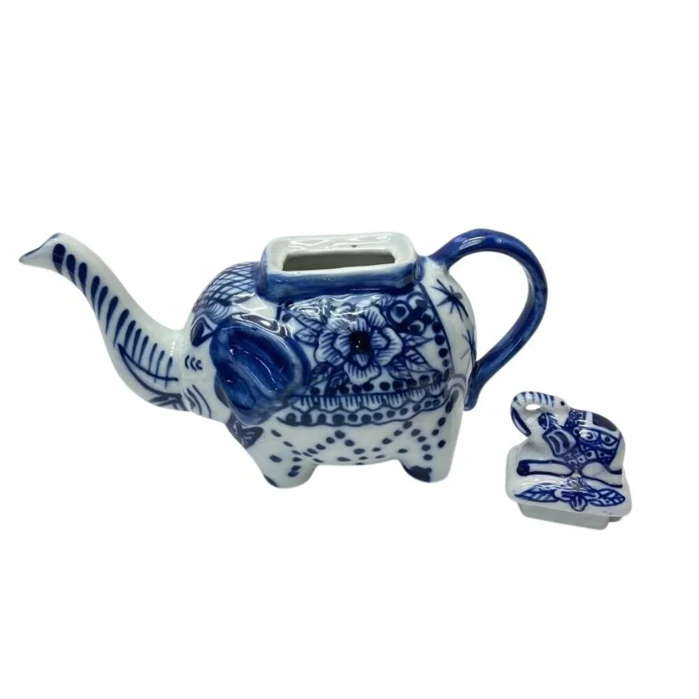 Blue & White Elephant Teapot with Lid | Chinoiserie Style - Picture 5 of 7